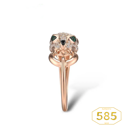 VISTOSO Gold Ring For Women Genuine 14K 585 Rose Gold Leopard Ring Emerald