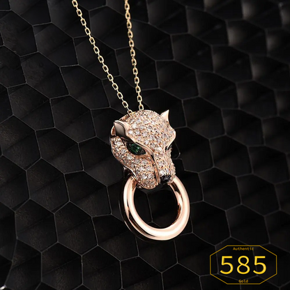 VISTOSO Gold Pendant -  14K 585 Rose Gold Leopard Pendant Emerald Sparkling Diamond Engagement