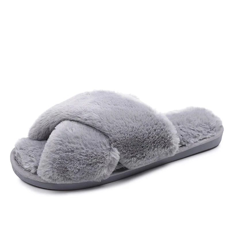 Winter Women House Slippers Faux Fur Fashion Warm Shoes Woman Slip on Flats Female Slides Black Pink cozy home  furry slippers