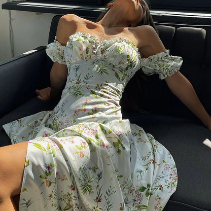 WannaThis Summer Floral Off Shoulder Puff Sleeve Maxi Dress For Woman Robe Sexy Lace Up Side Split Chic Mid-Calf Aesthetic Dress