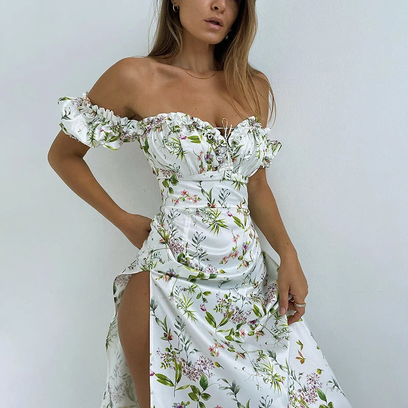 WannaThis Summer Floral Off Shoulder Puff Sleeve Maxi Dress For Woman Robe Sexy Lace Up Side Split Chic Mid-Calf Aesthetic Dress